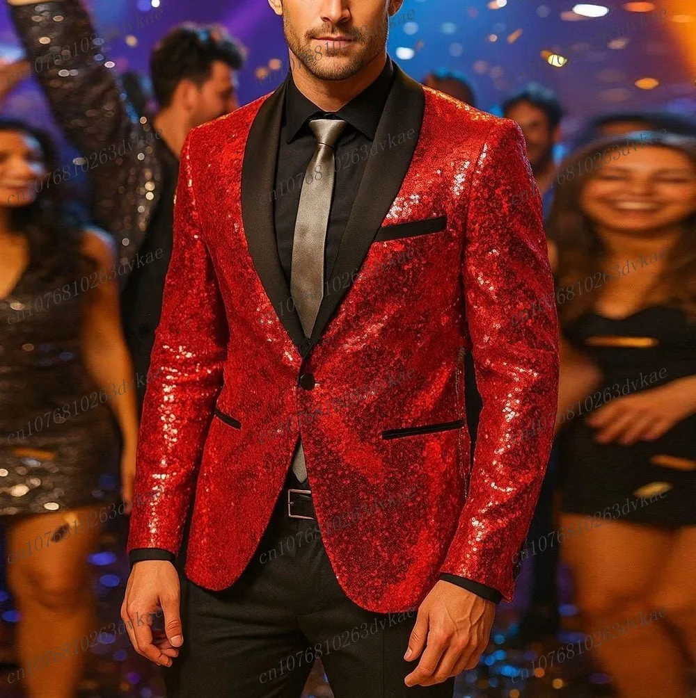 

Red Sequin And Black Men Suit Wedding Party Formal Groom Groomsman Prom Business Male Tuxedos 2 Piece Set Jacket Pants
