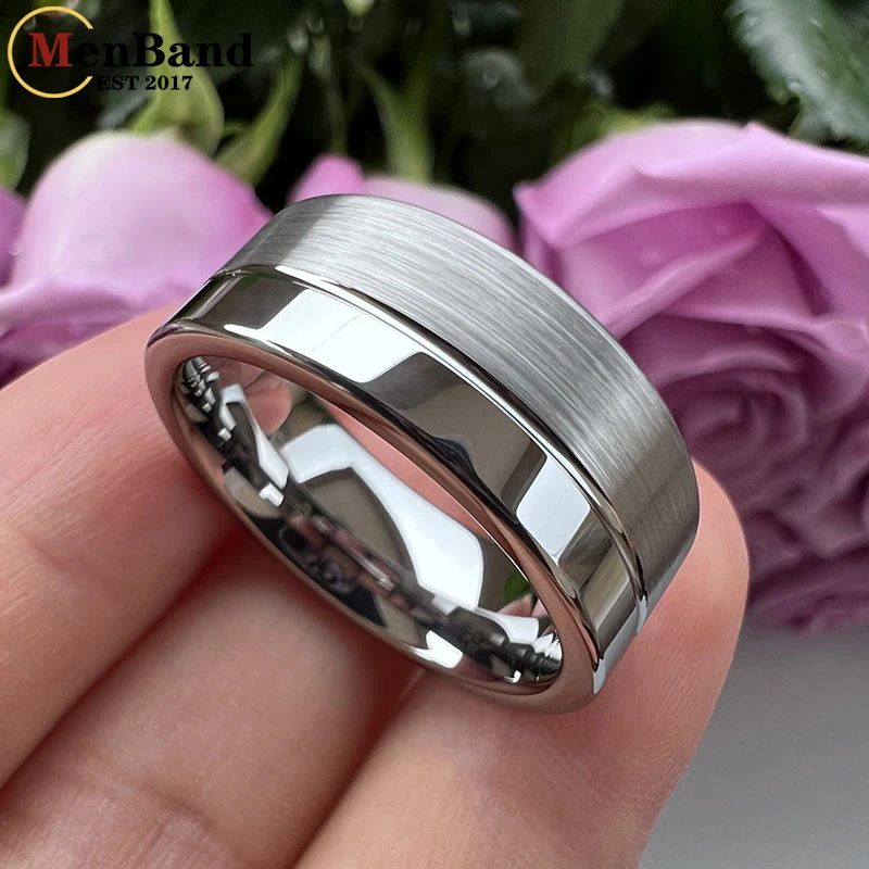 Anillos de carburo de tungsteno para hombres y mujeres, banda de boda, ranura Offset, acabado cepillado pulido, ajuste cómodo, 6MM, 8MM