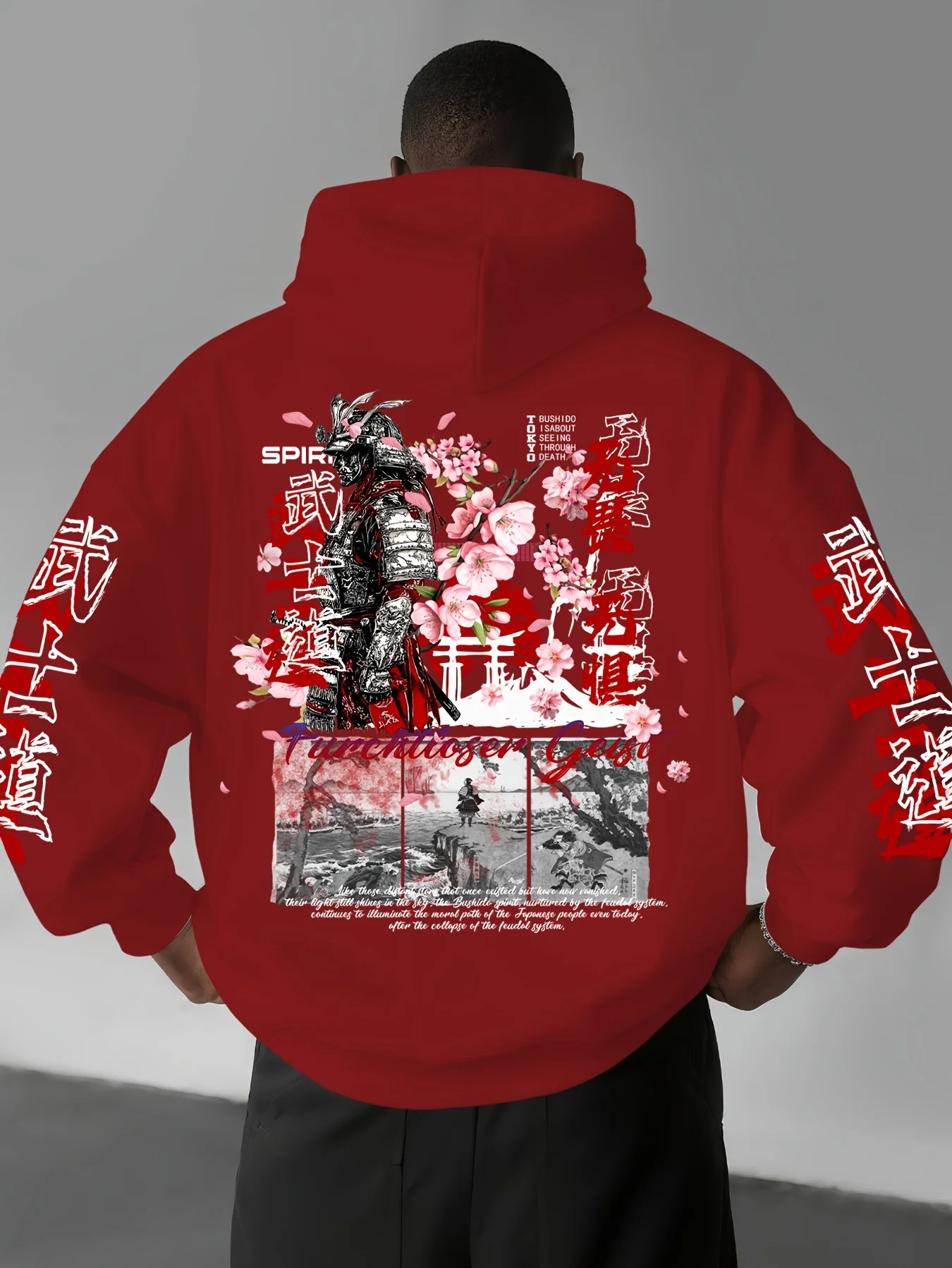 Winter and autumn men's street hip-hop casual trend Tokyo cherry blossom samurai pattern printed fleece warm-up hooded sweater.