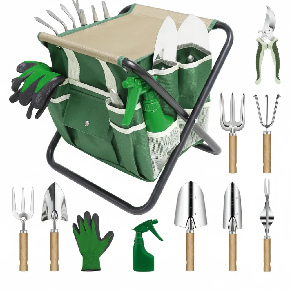 

10-Piece Garden Tool Set with Foldable Stool & Storage Bag, Stainless Steel Tools for Women Men Gardening Gifts