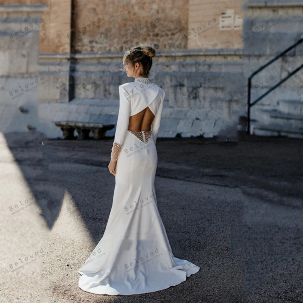 Vestidos De Novia modestos para mujer, Túnica De manga larga De sirena con espalda descubierta para fiesta Formal De satén, 2024