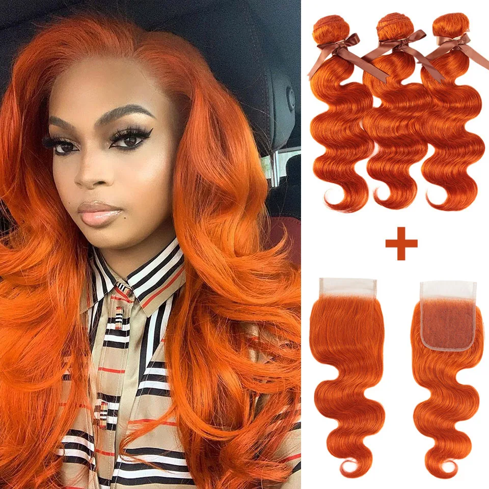 Pacotes de tecer cabelo brasileiro com fechamento, Pacotes de onda corporal, Pacotes laranja loira, Frontal 3 4 Pacotes, Fast EUA