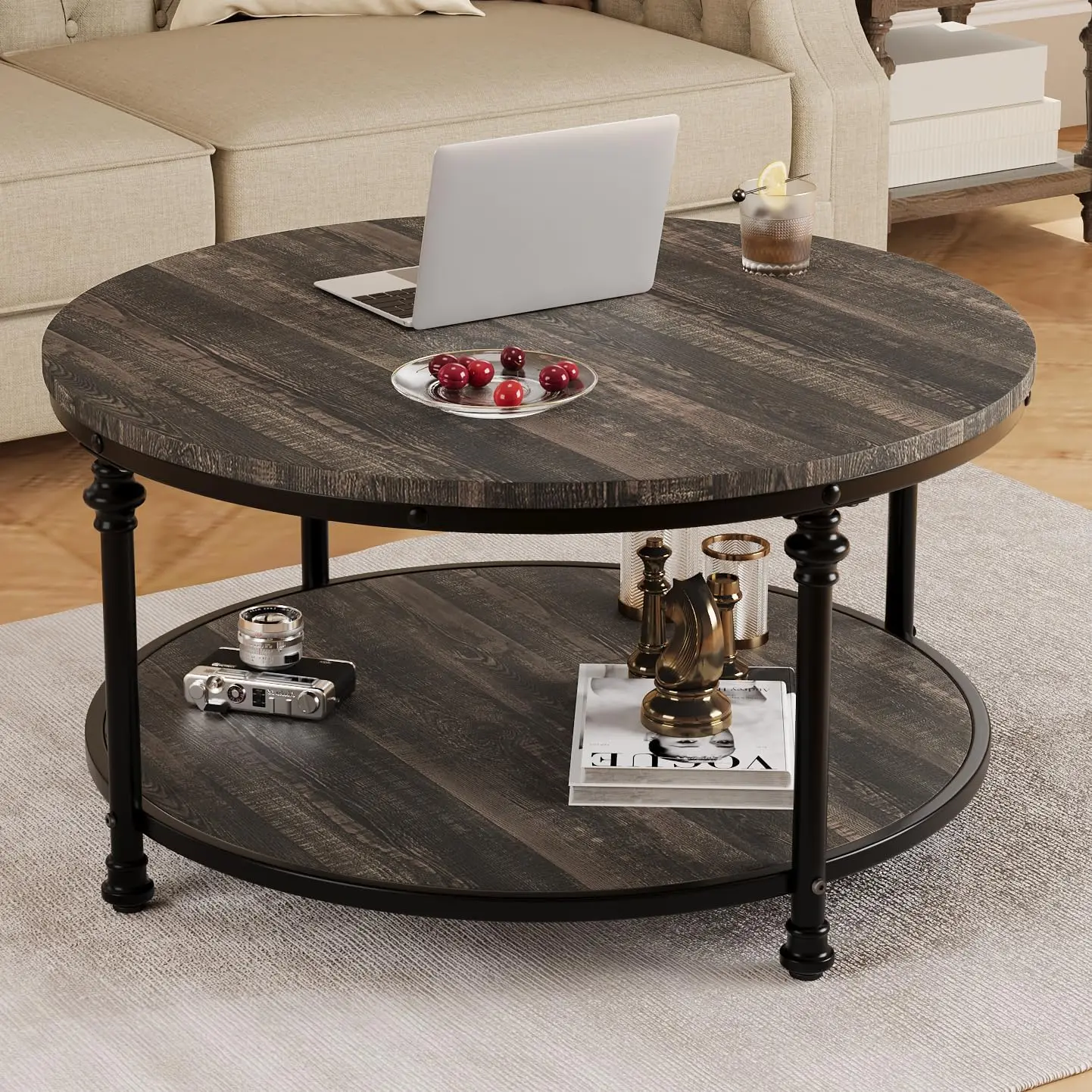 

Round Coffee Table for Living Room Rustic Center Table with Storage Shelf Wood Circle Coffee Table with Sturdy Metal Legs