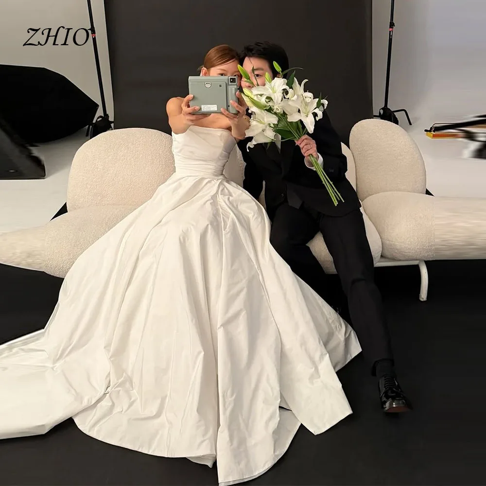 ZHIO Romantic White A-line Satin Korean Wedding Strapless Customized Corset Floor-Length Wedding Photography Bridal Dress 웨딩드레스