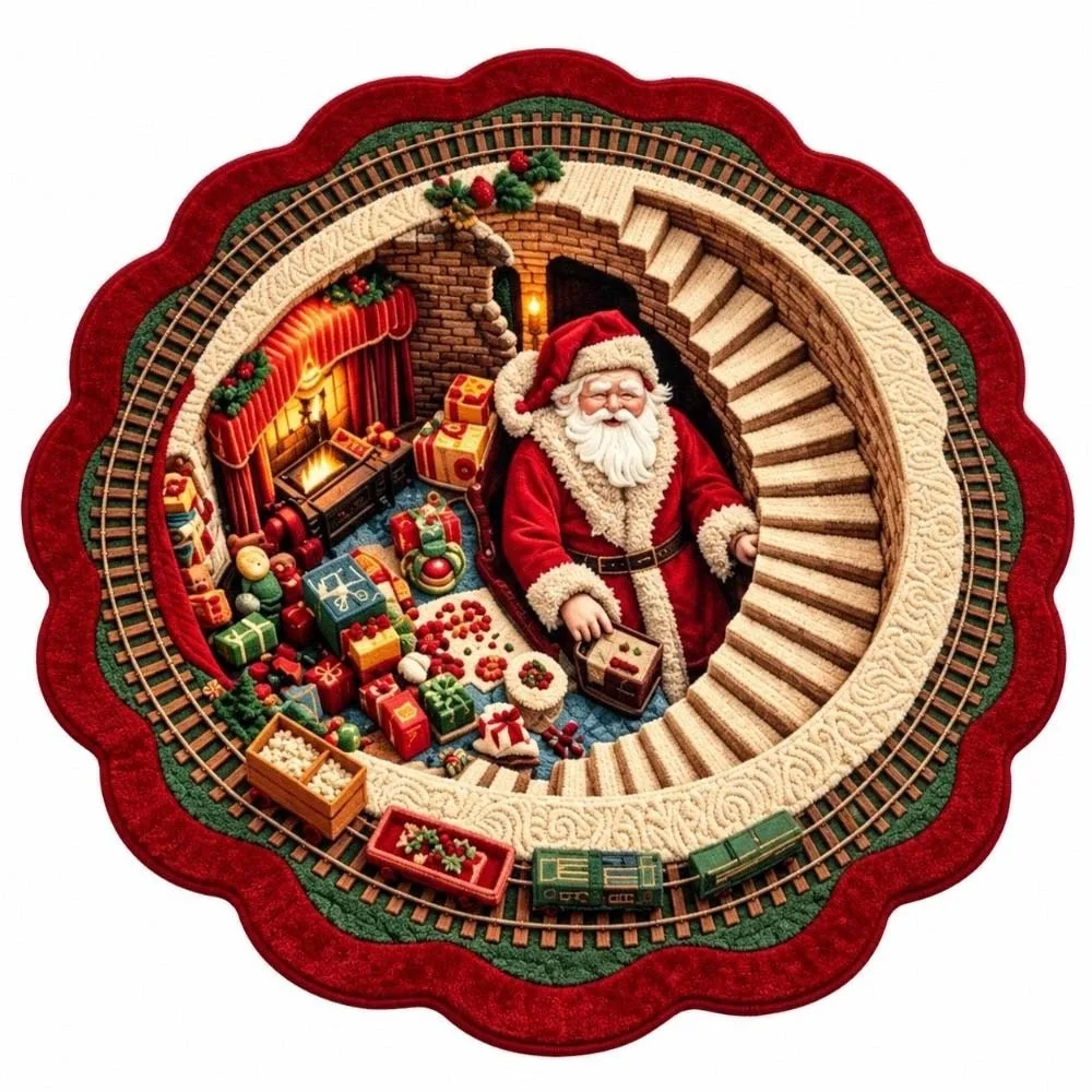 2D Flat Christmas Round Rug Polyester Santa Pattern 3D Illusion Carpet Bottomless Pit Washable Fabric Optical Delusion Doormat