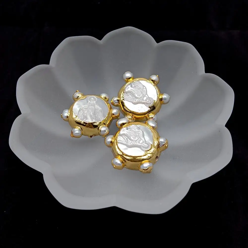 Wholesale 5 pcs Freshwater Cultured White Pearl Mother of Jesus Gold Plated Coin Beads