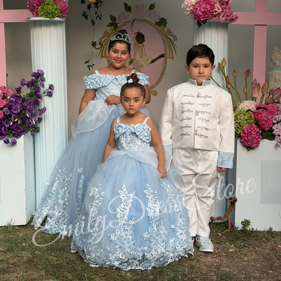 Customized Sky Blue Flower Girl Dress For Wedding Tulle Beaded Pearls Sequins Puffy Kids Birthday First Communion 2025 Ball Gown