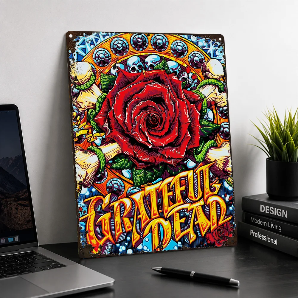 Grateful Dead Roses And Skulls Printed Poster Illustrated Wall Art For Music Studio Customized Aluminum Metal Sign Band Fan Gift