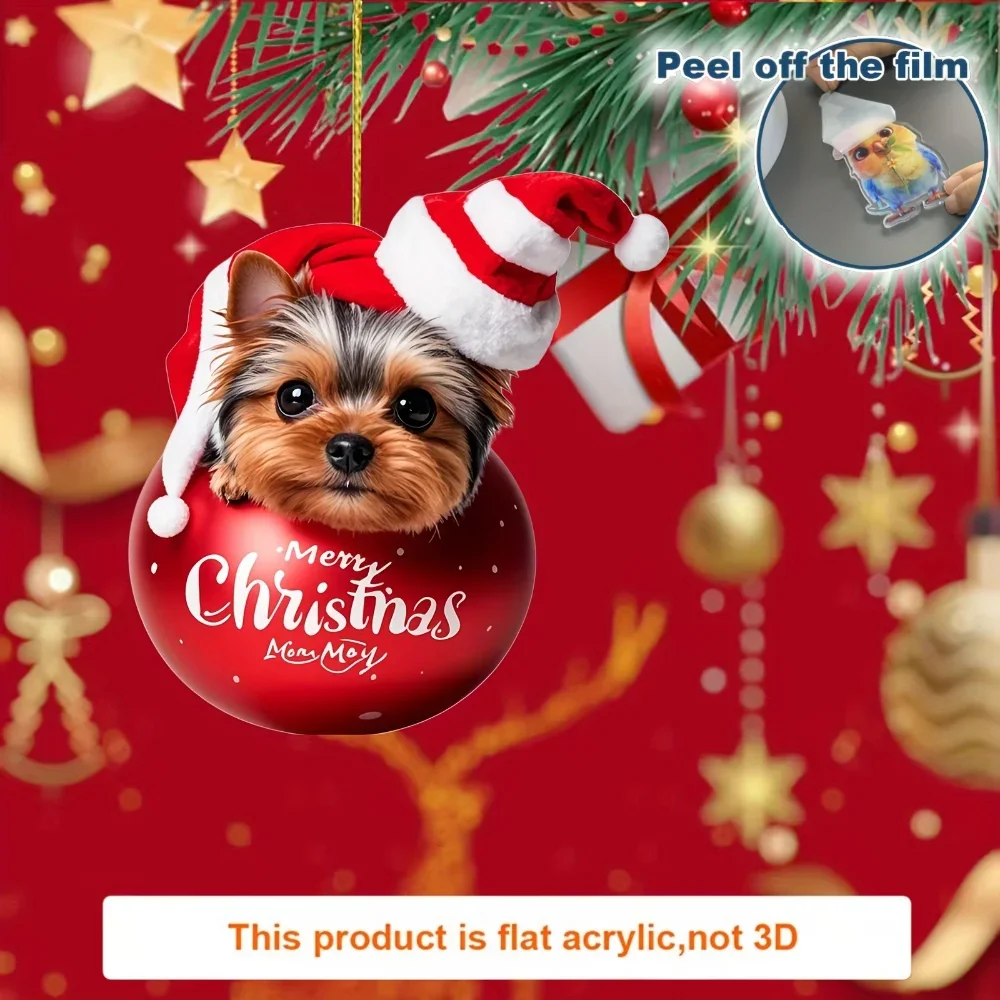 Cute Christmas Yorkshire Terrier Pendant Keychain,York Puppy 2D Flat Acrylic Charm,Decor for Car,Bags,Home,Festive,Party,Gift