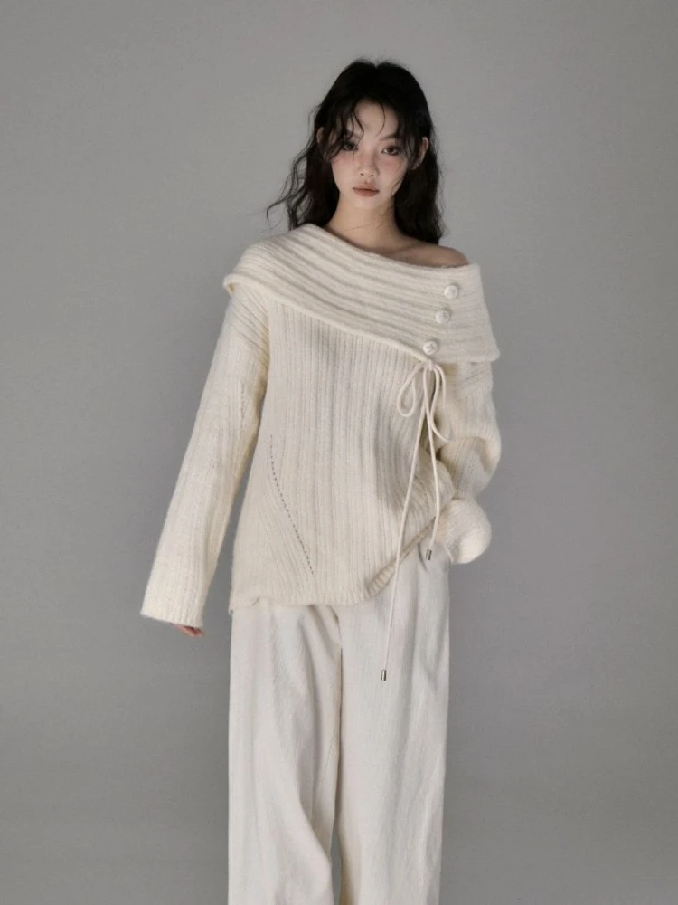 HOUZHOU Coquette Elegant Sexy Knitted Pullovers Sweet Solid Y2k Aesthetic Off Shoulder Bow Bandage Loose Sweater Autumn 2024