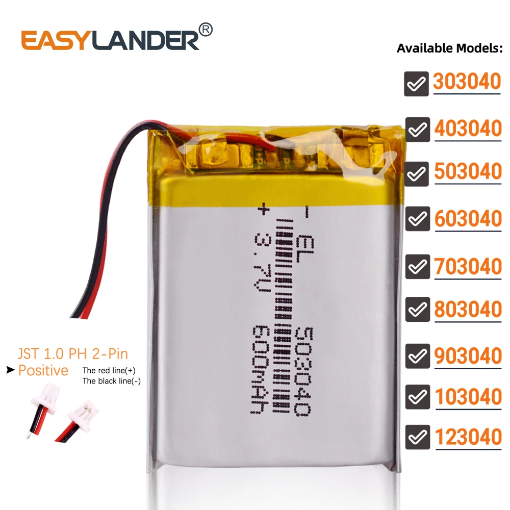 JST1.0mm 2Pin 3.7V 303040 403040 503040 603040 703040 803040 903040 103040 123040 Lithium Lipo Li-ion Polymer Battery
