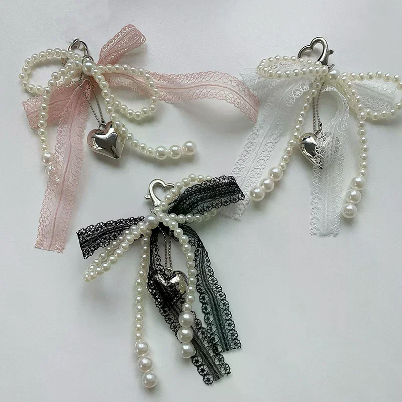 1Pcs Sweet Lace Bow Beaded Bow Keychain Phone Charm Strap Pendant For Phone Accessories Bag Hanging Cord For Women Girl