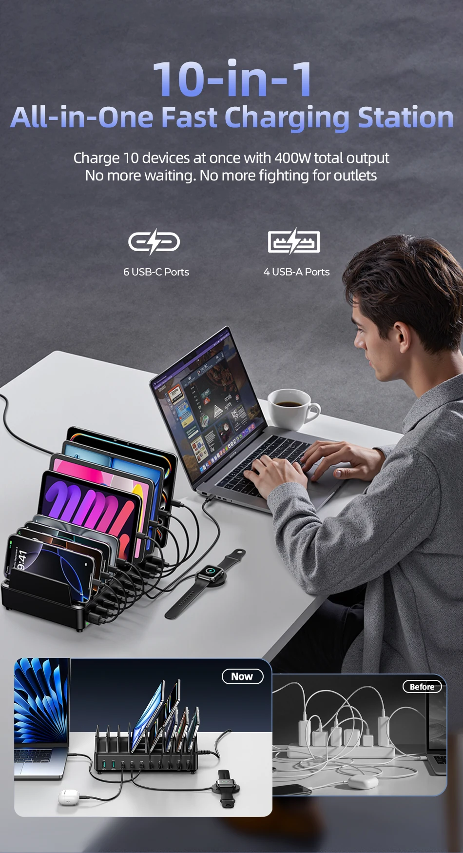 Rocoren 400W GaN-Ladegerät 6-Port Desktop-Schnellladegerät USB Typ C Ladegerät Tragbare Powerstation für iPhone 17 Pro Max Xiaomi 14 – Detail 4