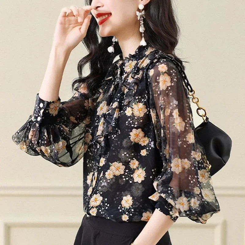 

Vintage Printed Stand Collar Loose Ruffles Floral Shirt Women's Clothing 2025 Autumn Casual Tops Office Lady Chiffon BlouseZT485
