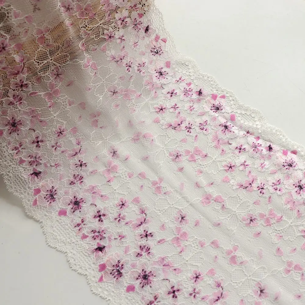 2 Yards 22 CM Width Small Floral Printed Stretch Elastic Lace Trim White Fabric Garment Bra Underwear Lingerie Sewing Trimmings