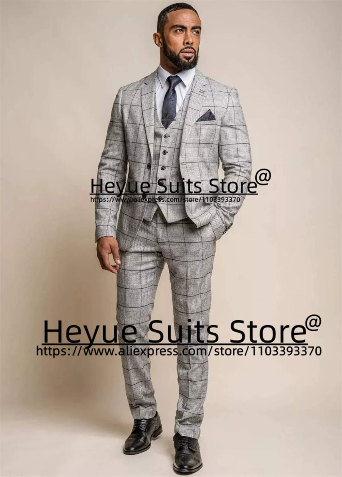 

Tailor Made Business Gray Plaid 3 Pcs Sets Slim Fit Notched Lapel Best Man Prom Tuxedos High Qublitc Male Blazers Costume Homme