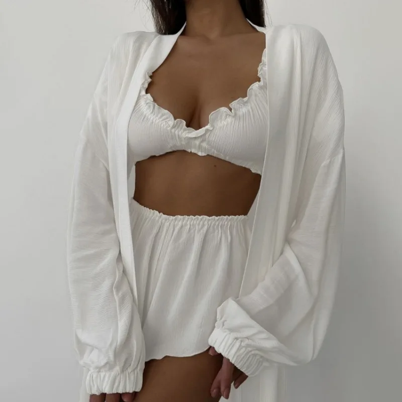 

European American Comfortable Soft Lace Long Sleeved Nightgown Underwear Shorts Three Piece Pajama Set Robe bra Shorts L Size