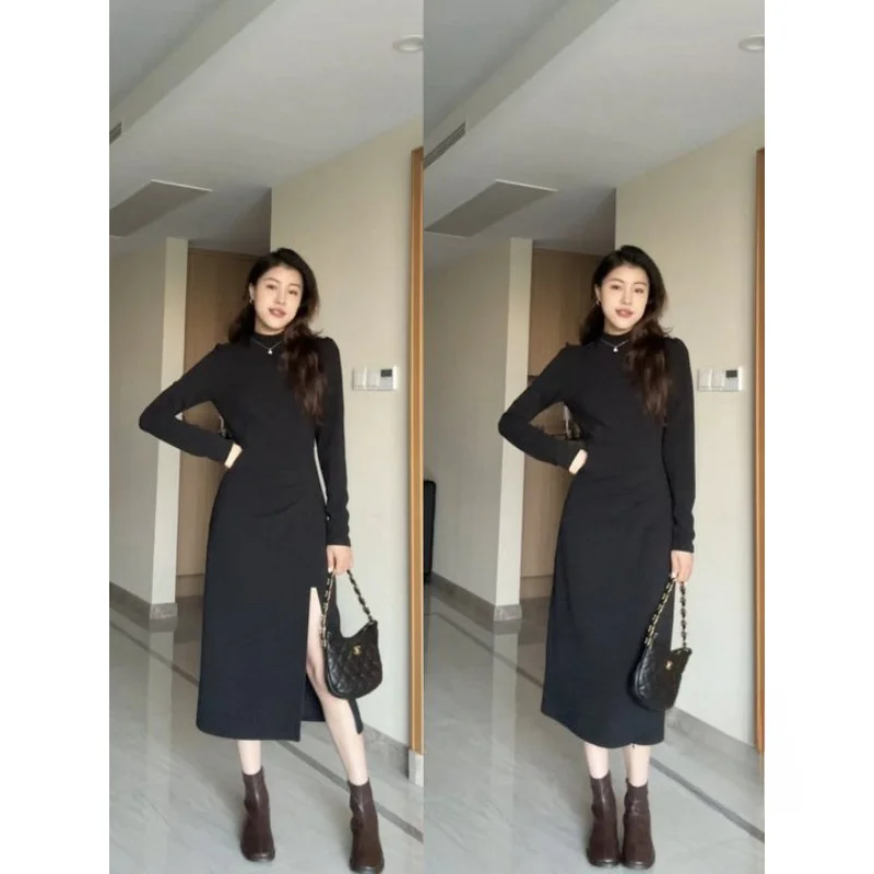 

Женское платье Zhang a Xing с высоким воротником, квадратным вырезом, разрезом, длинными рукавами, из полиэстера и спандекса, для зимнего сезона