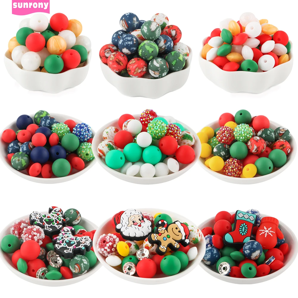 New Christmas Sets Focal Silicone Beads Loose Round Lentil Beads Sets For Jewelry Making DIY Keychain Bracelet Accessories