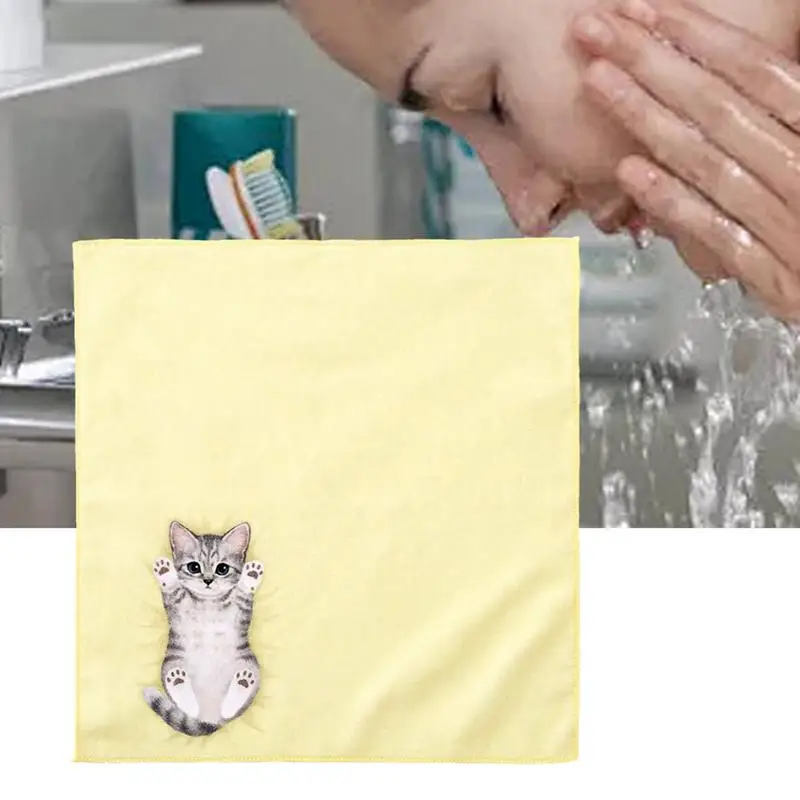 Portable Bath Hand Towels Cute Cat Pattern Square Towel Pocket Hand Towel Small Handkerchief For Kitchen Bathroom Gym Beach