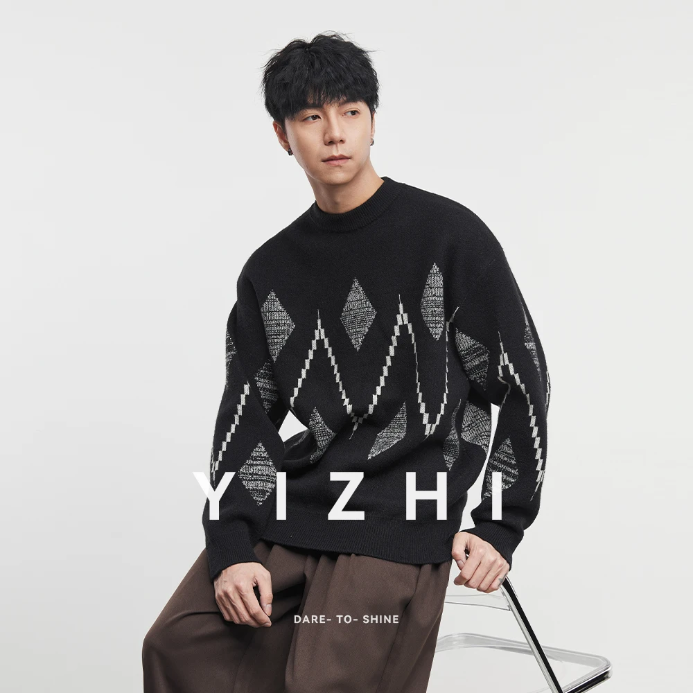 

Men's Black Sweater With Argyle Pattern Crew Neck Long Sleeve Knitted Pullover Casual Fashion Autumn Winter Top