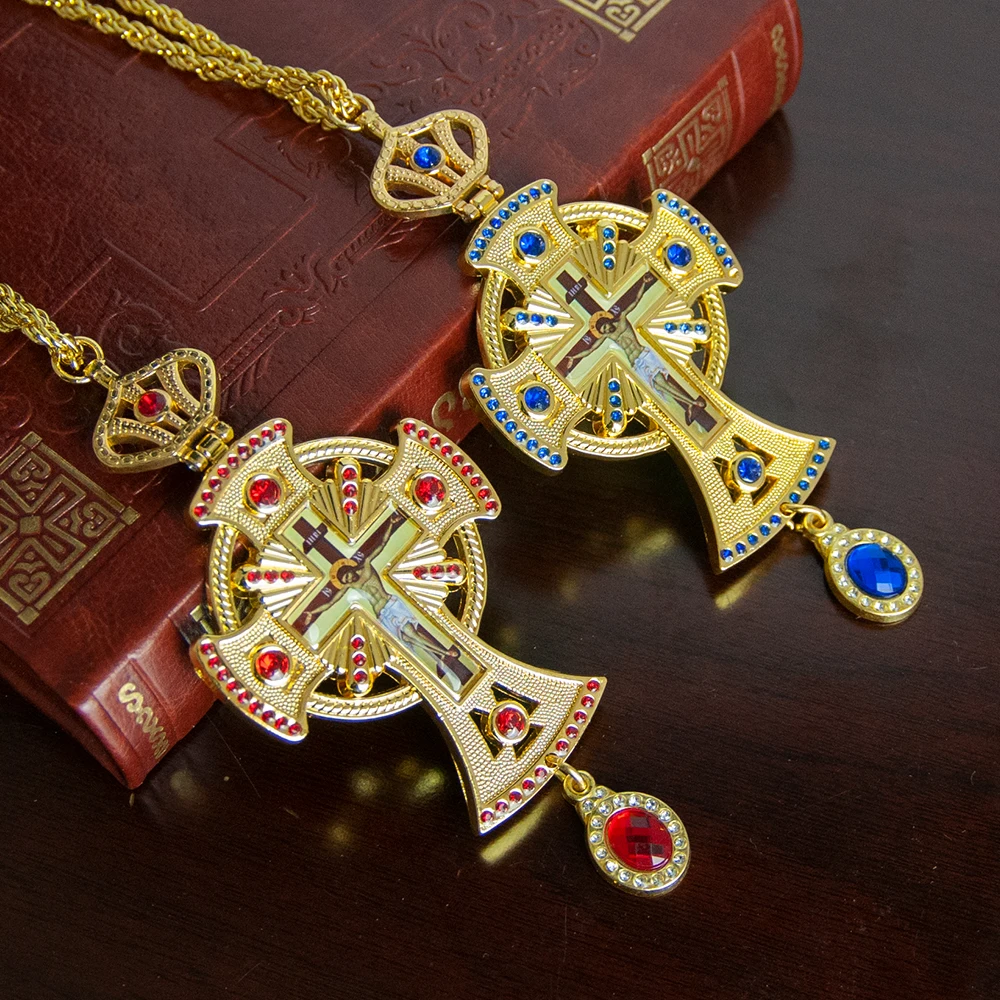 HT Medium Size Christian Church Cross Necklace Gold Antique Gold Plated Resin Jesus Orthodox Priest for Prayer