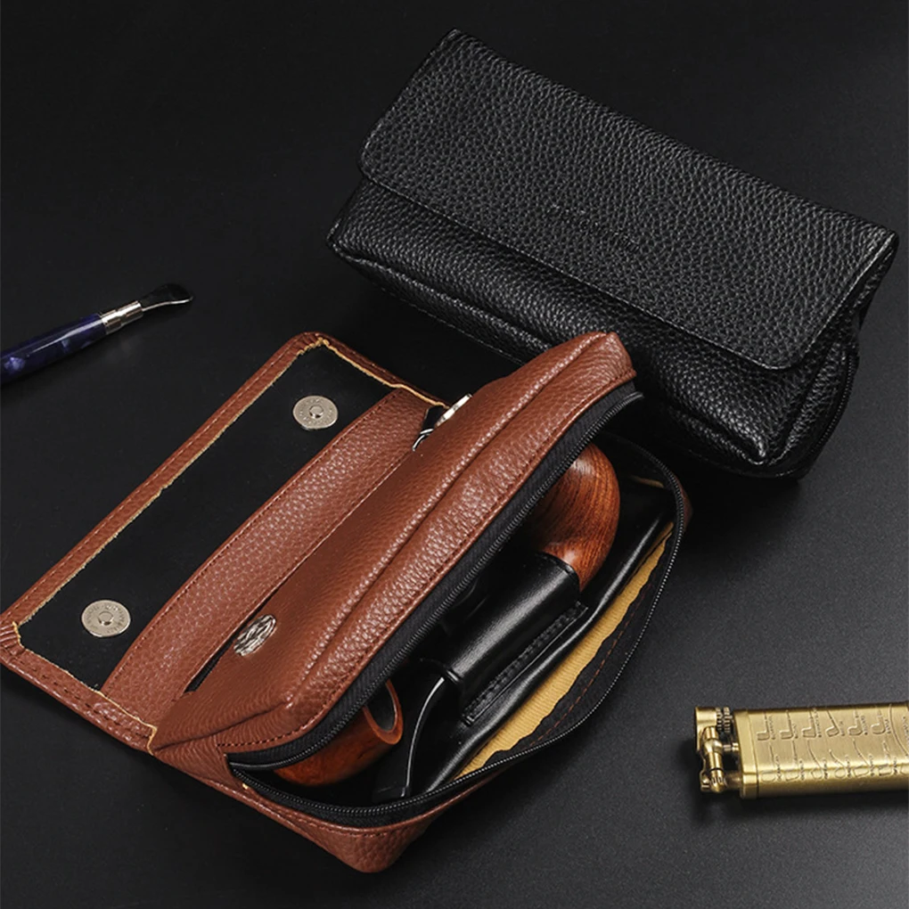 Easy-to And Multi-purpose Leather Tobacco Pouch With 2 Pipe Holder Pocket Stylish Windproof Easy-to- bBrown