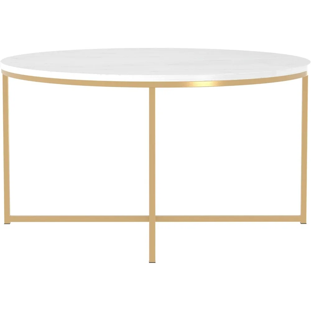 Mesa de centro moderna em mármore branco falso com detalhes redondos Glam com base X dourada, 36 polegadas