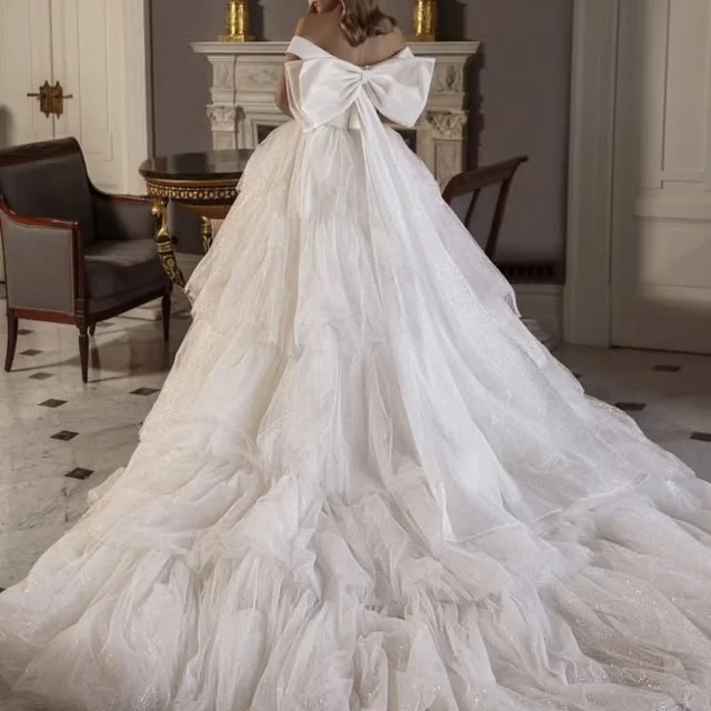 White Wedding Dresses The corset Lace layering off-shoulder Bridal Gowns Bow Long tail multi-layer Made ﻿Customize