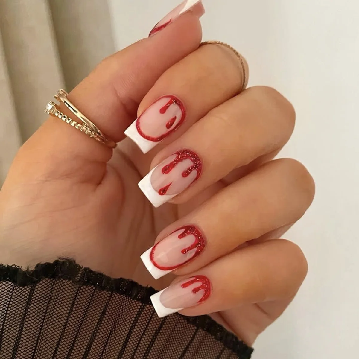 

Halloween Wear Square Nail White French Edge Red Blood Drop Pattern Reusable Fake Nail Patch