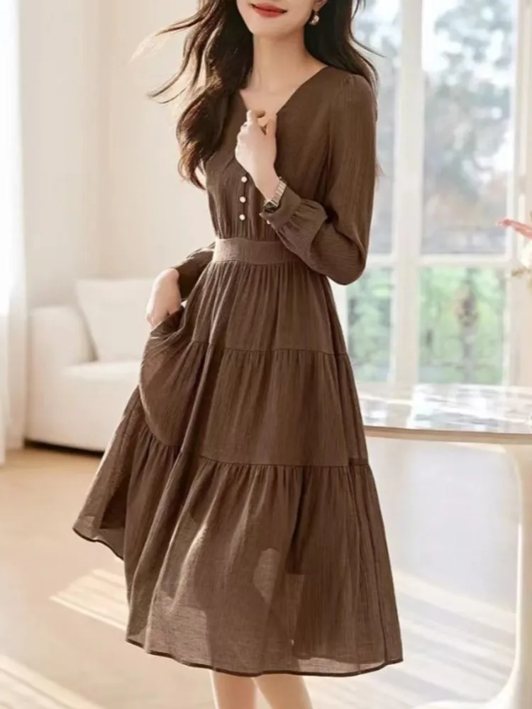 Women Brown Elegant  V-Neck Dress Summer New Fashion Long Sleeve French Office Lady Temperament A-Line Waves Dresses