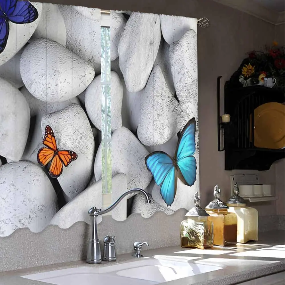 ستائر المطبخ الحجر والفراشة الطبيعة الملونة الجميلة الفراشات ستائر قصيرة الطبقة للحمام مقهى نافذة صغيرة #4