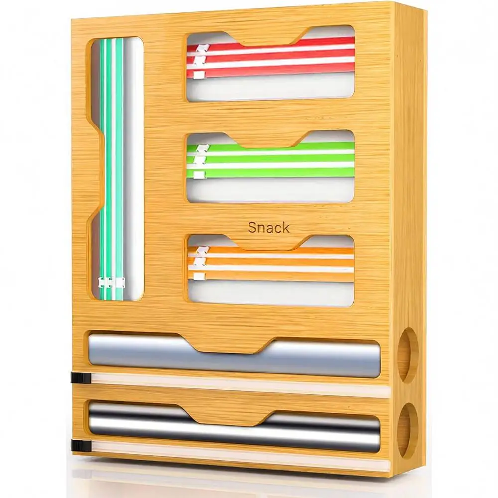 

Органайзер для кухонных принадлежностей из бамбука и пластика, 6 в 1, для масла, пищевой пленки, сэндвичей, закусок, с диспенсером и резаком (желтый)