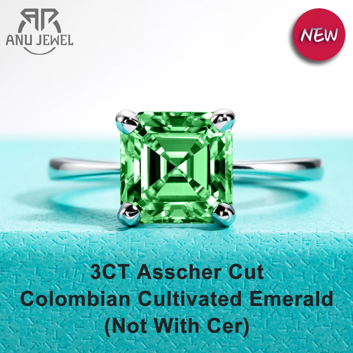 

AnuJewel 3ct 8*8mm Asscher Cut Colombian Cultivated Emerald Engagement Rings Gold Plated S925 Silver Classic Rings For Women