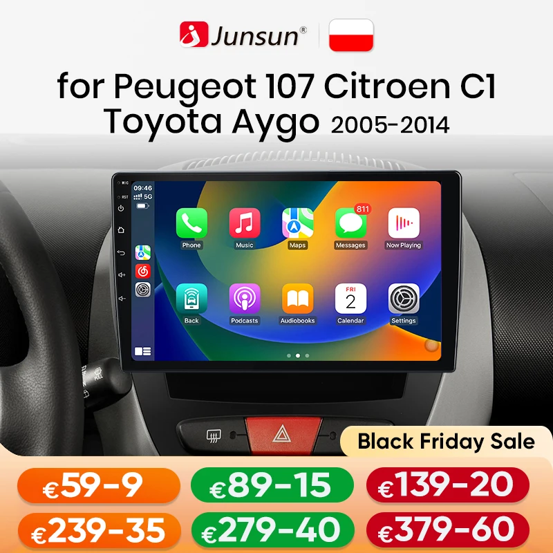 Junsun AI voix sans fil Carplay Android Auto radio pour Peugeot 107 Toyota Aygo voiture systèmes intelligents BT 2 din autoradio