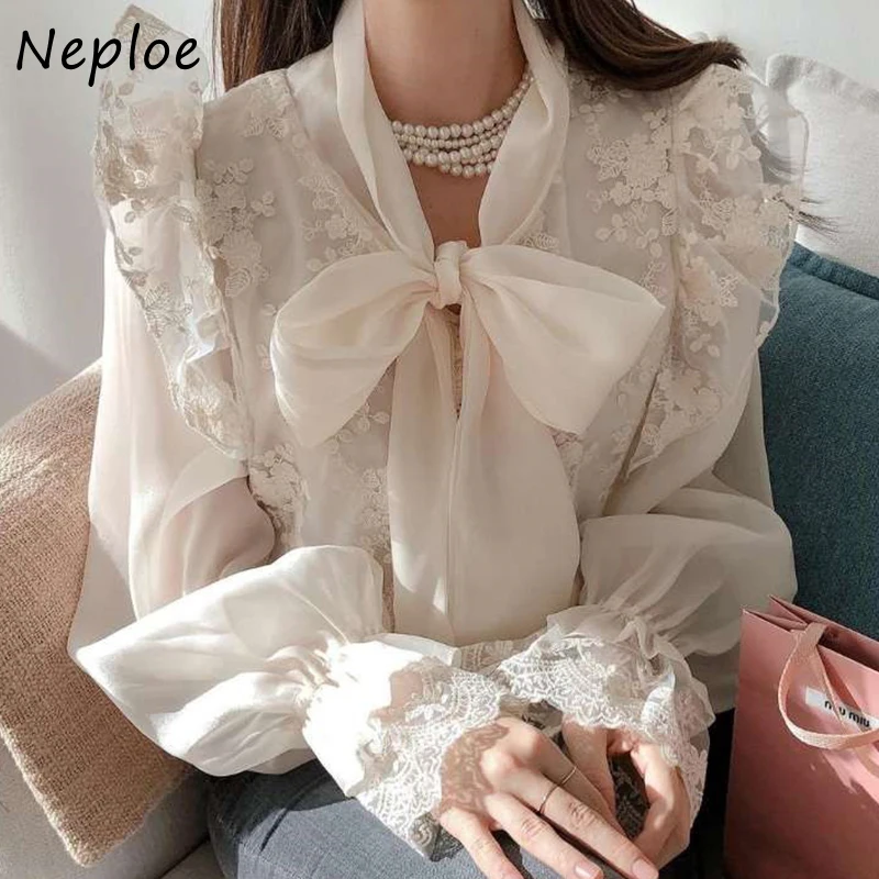 Neploe Chic Lente 2024 Nieuwe Strikje Vrouw Blouse Geborduurd Kant Gehaakte Losse Camisas De Mujer Flare Mouw Tops Vrouwen