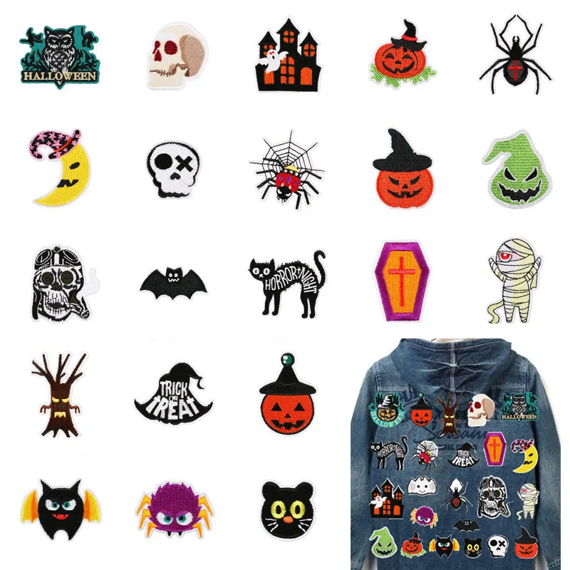 1pcs Patch Stickers Iron On Patches for Clothing Sewing Halloween Terror Embroidery Fusible Applique Badge Bag Decoration Stripe