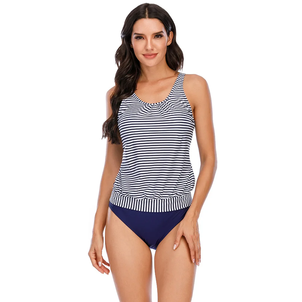 2026 New Women's Striped Blue Split Bikini, Tummy Control & Slim Fit Beach Swimwear