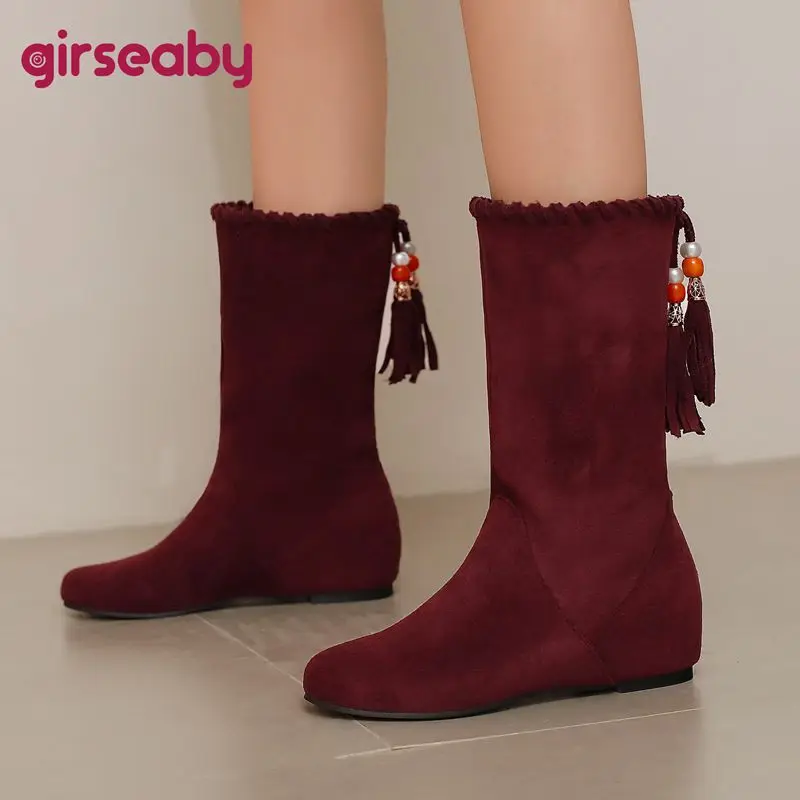 

Girseaby Ретро женские сапоги до середины икры с круглым носком из флока, замшевые туфли на плоской подошве, двойная одежда, большие размеры 46, 47, 48, для отдыха, повседневные женские зимние сапоги с бахромой
