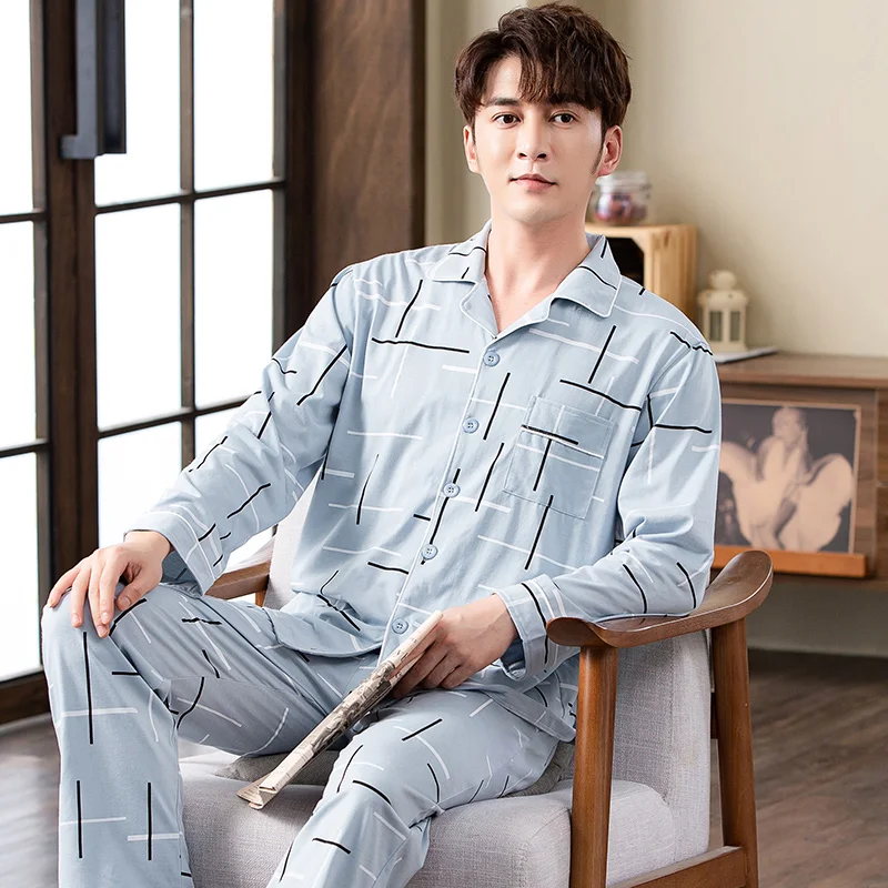 Spring Knitted Cotton Men Striped Pajamas Set Long Sleeve Turn-down Loose Soft Plus Size 4XL Male Lounge Homewear Pyjamas Homme