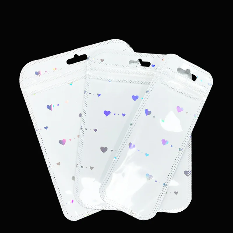 

White Mylar Holographic Star/Heart Sample Bags Plastic Zip Lock Pen Storage Bags for Packaging Lipgloss Jewelry Cosmetic Package