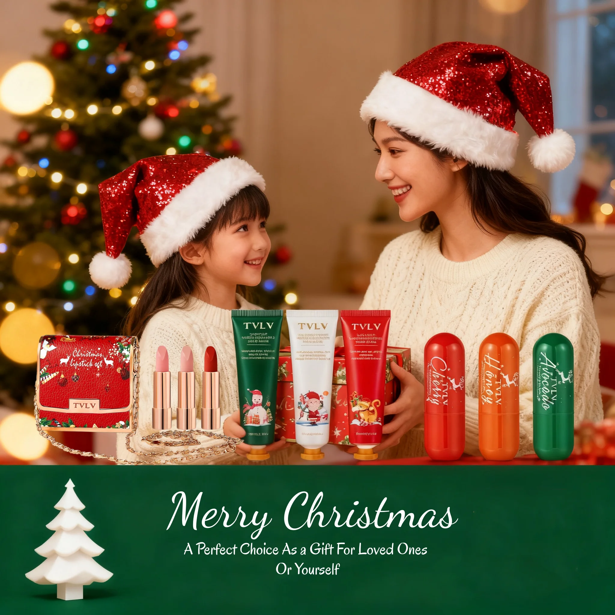 مجموعة العناية بالبشرة لعيد الميلاد للنساء - كريم مرطب لليدين، بلسم الشفاه وأحمر الشفاه - هدية احتفالية للعناية بالشتاء