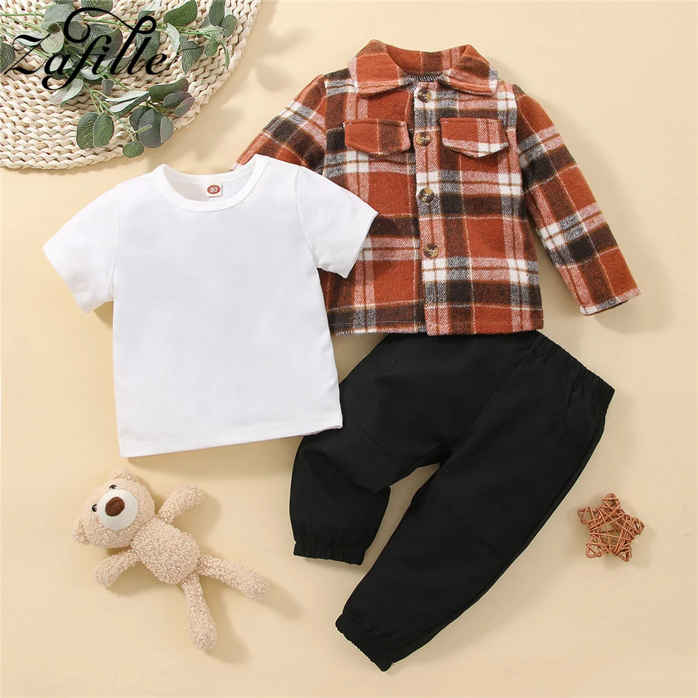 ZAFILLE 3pcs Kids Boys Clothing White Tshirt+Plaid Shirt Coat+Pants Set Spring Autumn Toddler Boys Clothes 1-5Y Children Outwear