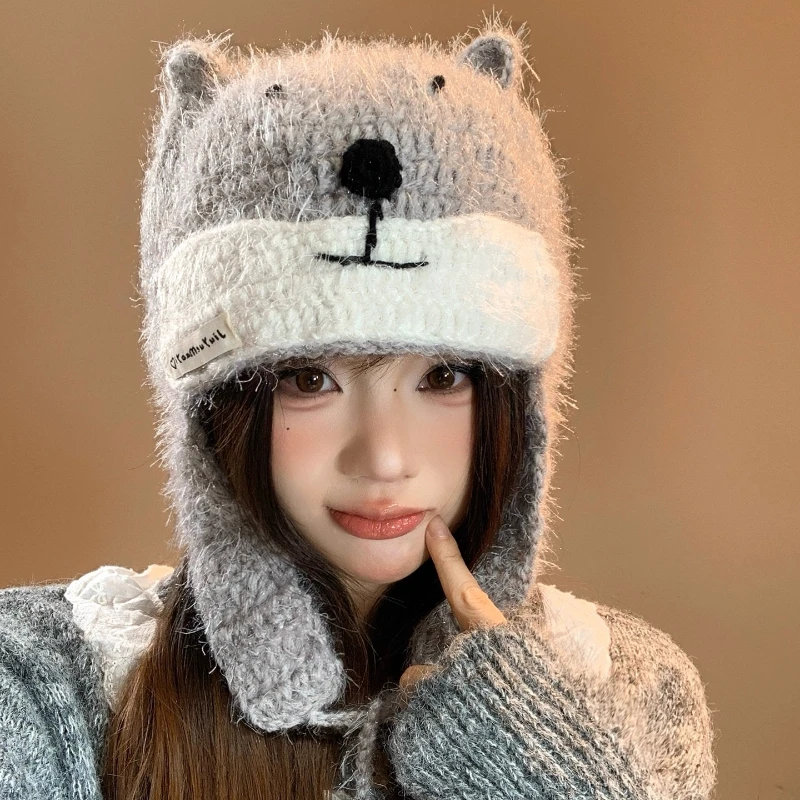 

Cute Bear Ears Plush Beanies Cap Y2K Autumn Winter Street Warm Versatile Personality Funny Pullover Hats for Men and Women.