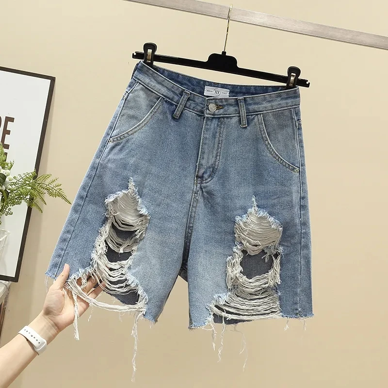 Oversized 5xl Distressed Raw edge Denim Shorts For Women's Summer Slim Thin Hot Pants Ladies Washed Vintage Loose Casual Jeans