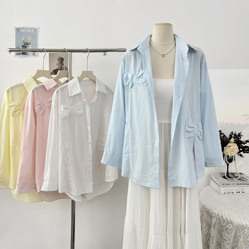 

Sweet Bow Long Sleeve Women' Shirt 2026 Spring New Korean Style Casual Loose Single Breasted Coats Personalized Niche Lapel Tops