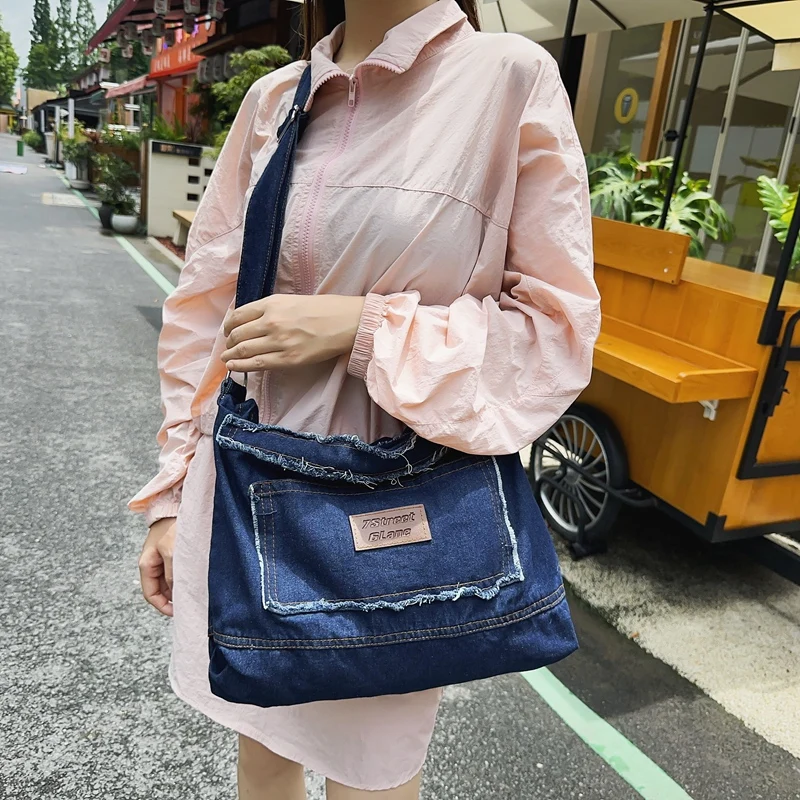 Y2K Denim Women's Bag New Jeans Messenger Bag Large Canvas Shoulder Bag Detachable Strap Eco Bag Korean Shopping Tote Handbags