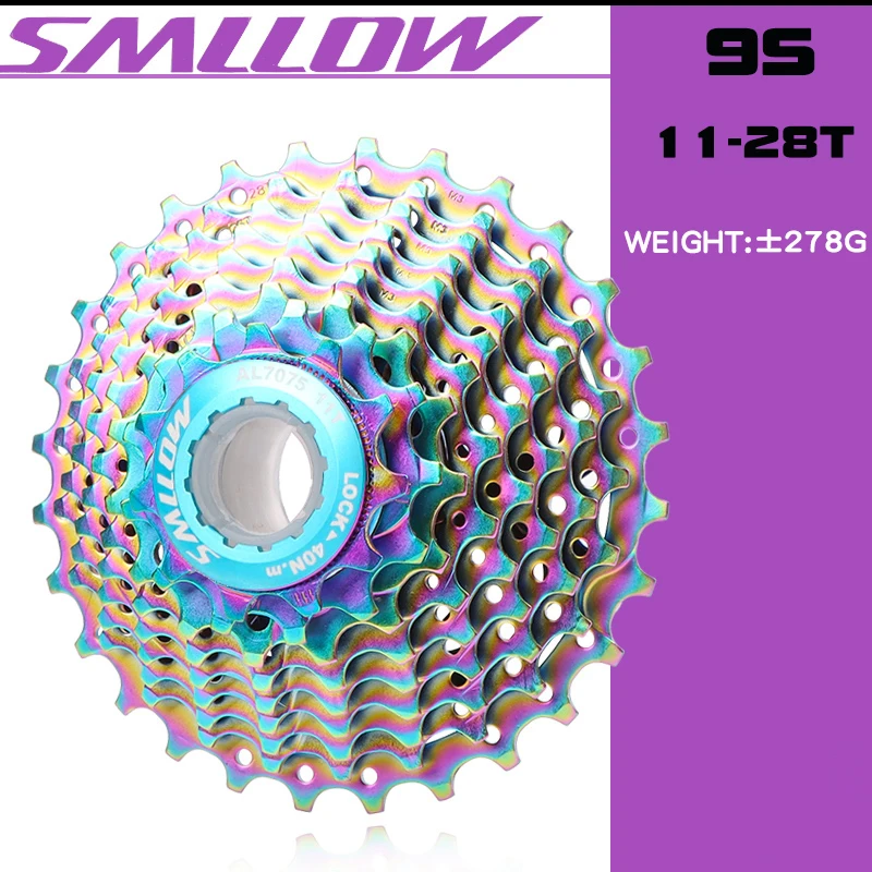 SMLLOW Road Bicycle Colorful Cassette Freewheel 9 Speed 11-13-15-17-19-21-23-25-28T Chrome-Molybdenum Steel Flywheel Rainbow