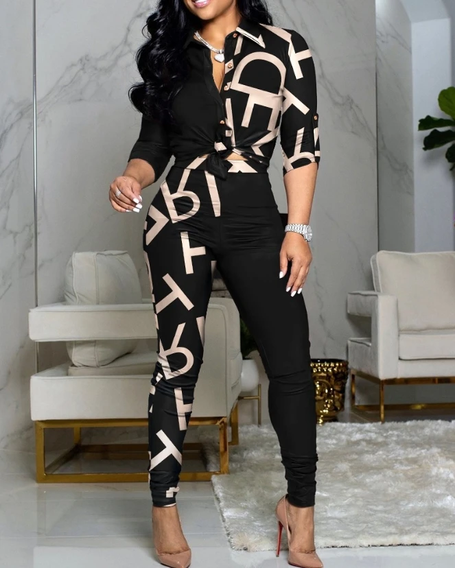 

Women Two Piece Set Elegant Commuting Letter Print Colorblock Turn-down Collar Button Knotted Shirt Top and High Waist Pants Set