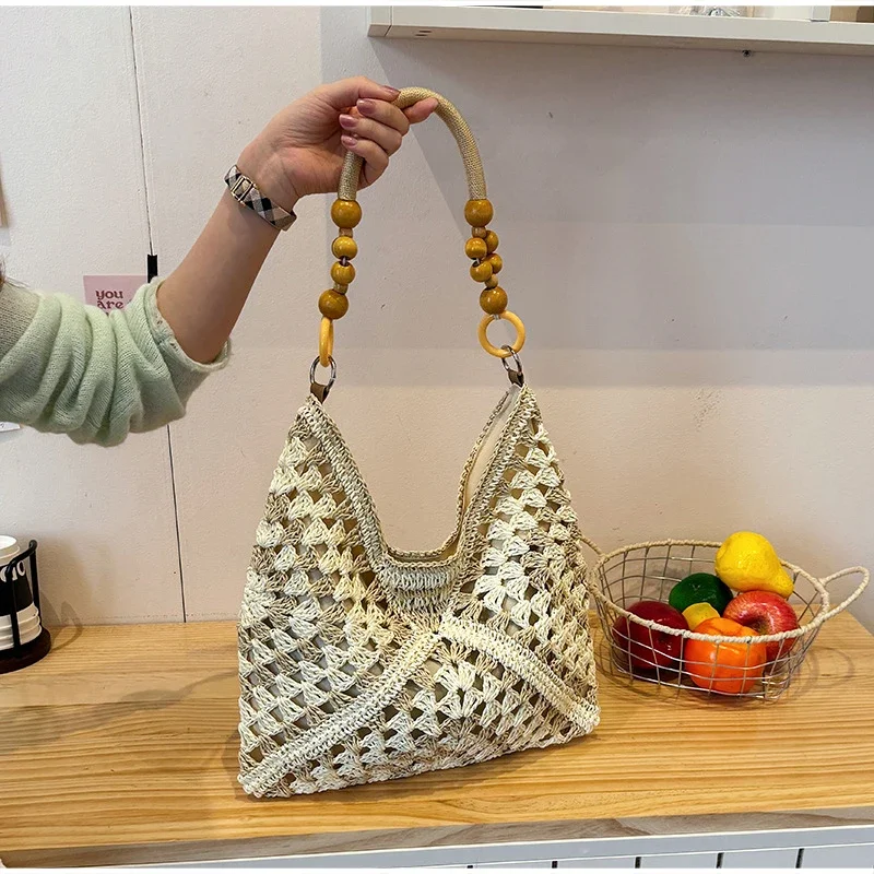 8 Stile Perlenbesetzte Häkel-Strick-Handtasche mit Farbblock-Design, Damen Sommer Hohlgeflochtene Handtasche, Leichte Lässige Strandtasche – Detail 8
